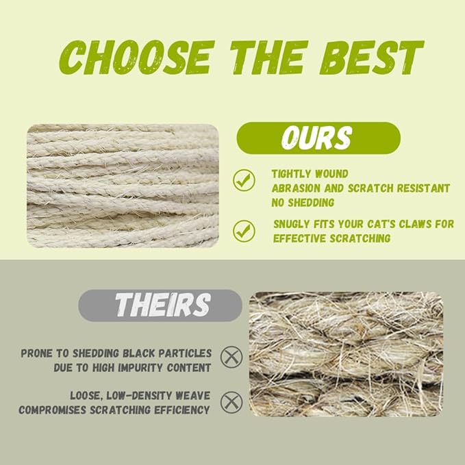 Natural Sisal Rope for Cat Scratcher Replacement, Durable Cat Tree Post Repair Cord for DIY Projects, Climbing Towers, Furniture Protection, Scratch Pad, Crafts, Garden, and Home Décor Use