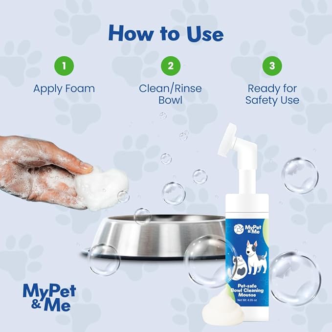 My Pet & Me - Pet Bowl Cleaner Mousse | 4.05 oz Vet Enzyme Formula | Gentle, Effective pet bowl & dog bowl cleaner | Lick-Safe, Residue-Free pet safe cleaner for Small Dogs,Cats,Toys, Fountains & More