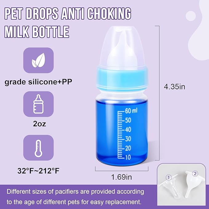 Puppy Kitten Nursing Bottle 2oz- Small Animal Feeding Kit with Nipples | Hand Feeding Supplies for Puppies, Kittens, Rabbits, Ferrets & Newborn Pets