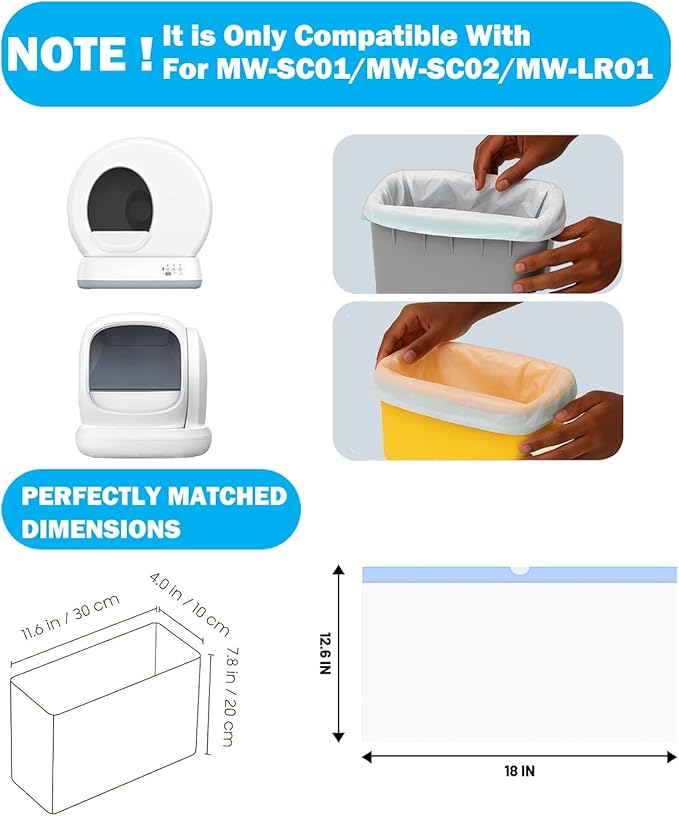 60Pcs Cat litter bags Liners, Drawstring Receptacles Bags Compatible With For Meo. Want Self-cleaning Cat Litter Box MW-SC01 MW-SC02 MW-LR01,Tear-free Leak-proof 18" x 12.6"