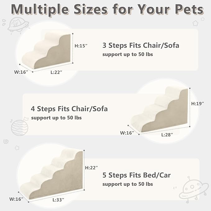 MIHIKK Dog Stairs Ramp, Curved 3-Step Dog Steps for Small Dogs and Cats, Pet Stairs for High Beds and Couch with Anti-Slip Washable Cover and Durable High Density Foam, Beige