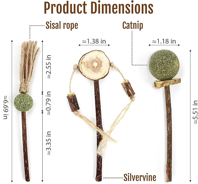 3 PCS Natural Catnip Cat Toys Set - Cat Nip Chew Toy with Silver Vine & Sisal Rope for Kitten Teething, Dental Care, Anxiety Relief - Durable Cat Toy for Indoor Cats, Kittens to Adults