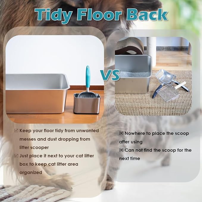 Metal Heavy Duty Cat Litter Scoop with Holder, Stainless Steel Kitty Litter Scooper Caddy for Litter Box, Aluminum Speed Sifter with Non-Slip Handle