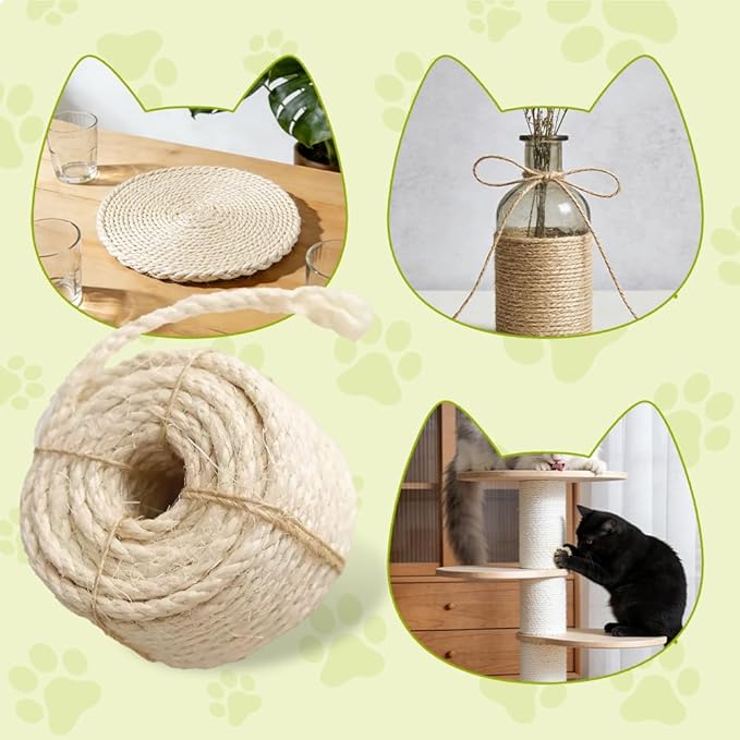 Natural Sisal Rope for Cat Scratcher Replacement, Durable Cat Tree Post Repair Cord for DIY Projects, Climbing Towers, Furniture Protection, Scratch Pad, Crafts, Garden, and Home Décor Use