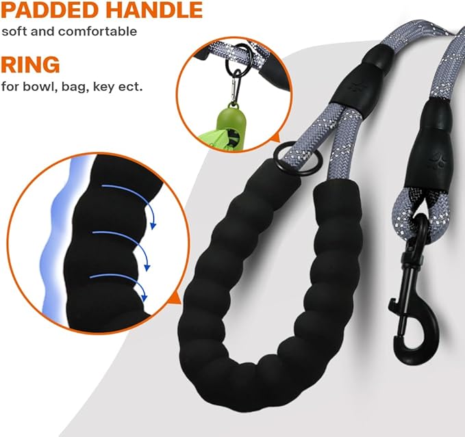 Taglory Rope Dog Leash 6 FT with Comfortable Padded Handle, Highly Reflective Threads Leash and Anti-Tangle Clip for Walking Small Dogs, 3/8 inch, Grey