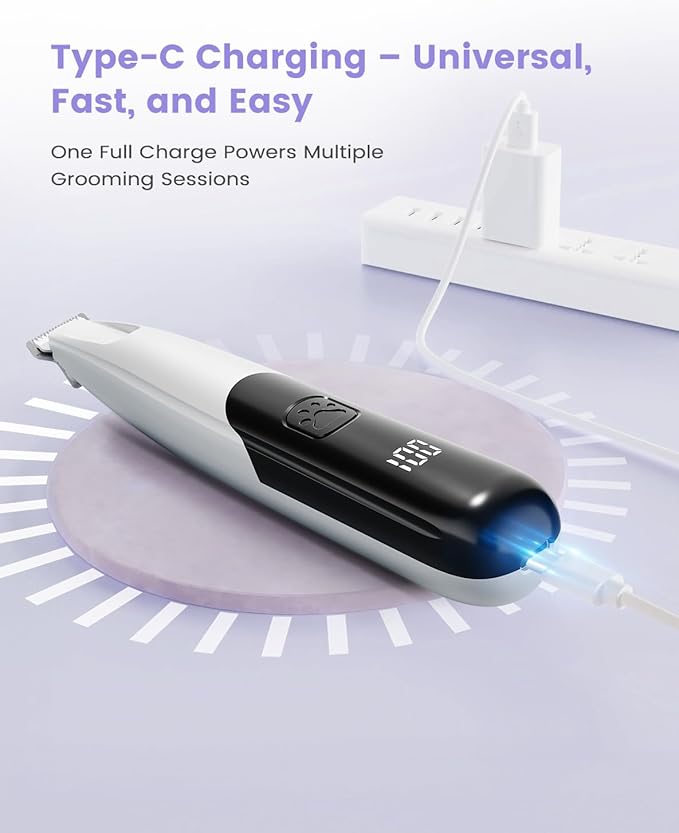 Dog Paw Trimmer with LED Light, 35dB Low Noise Paw Trimmers for Dog's Feet, 2 Speed Safety Electric Dog Clippers for Grooming, Rechargeable Cat Shaver for Paws, Ears, Face, Rump (White)