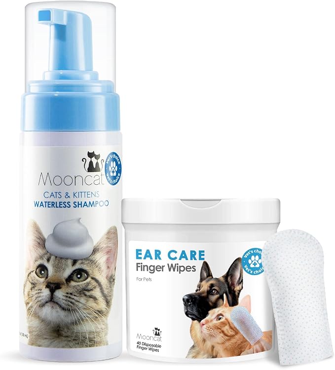 Mooncat Waterless Cat Grooming Bundle – No Rinse Foam Shampoo (5oz) + Cat Ear Cleaning Finger Wipes (40ct) | Licking Safe, pH Balanced, Dry Bath for Sensitive Cats, Removes Ear Wax & Dirt, Daily Pet H