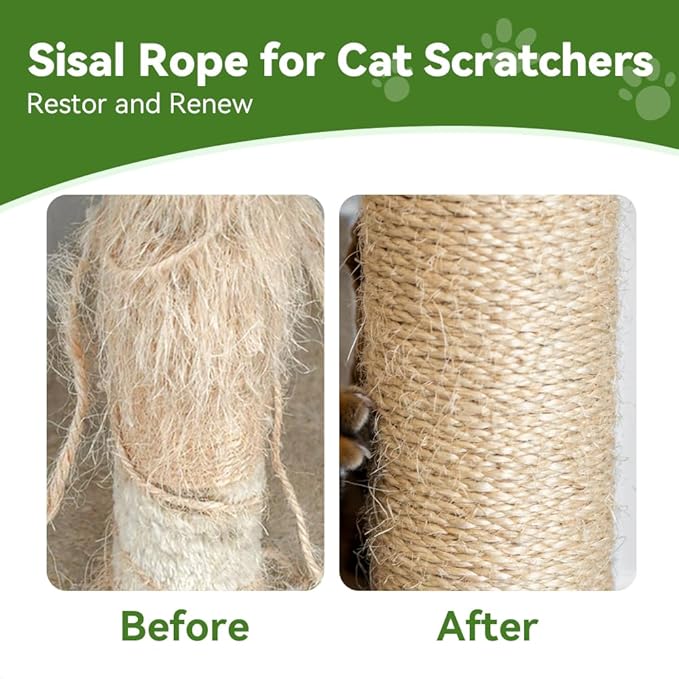 Natural Sisal Rope for Cat Scratcher Replacement, Durable Cat Tree Post Repair Cord for DIY Projects, Climbing Towers, Furniture Protection, Scratch Pad, Crafts, Garden, and Home Décor Use