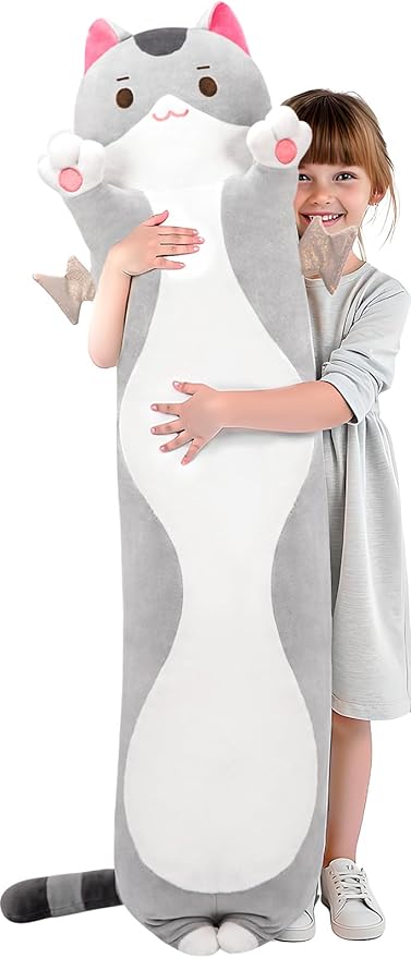Mewaii Long Cat Plush 5 Sizes, 120% Extra Filling Giant Plushness Kids Body Pillow, Kawaii Cute Grey Cat Stuffed Animals Plushies, Big Long Body Pillow Plush Gift for Girls 28”