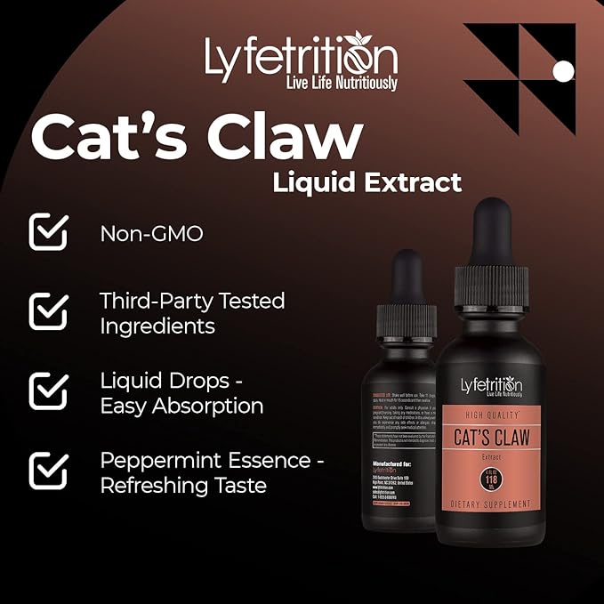 Lyfetrition Cat’s Claw 540mg, 4 Oz Liquid, 220 Servings, Made in USA, Quick Absorption, Quality Potent Ingredients, Third-Party Tested, Non-GMO, GMP Certified, Cruelty-Free Products