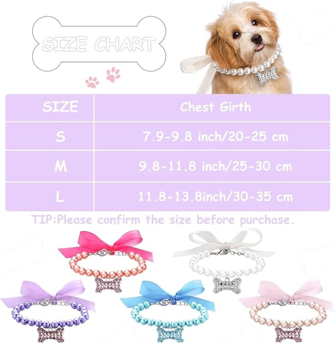 Dog Pearl Necklace White Rhinestones Bone,Dog Collar for Small Dogs Girl,Bling Diamond Crystal Princess Jewelry for xs s Small Puppy Kitten Pets Dogs