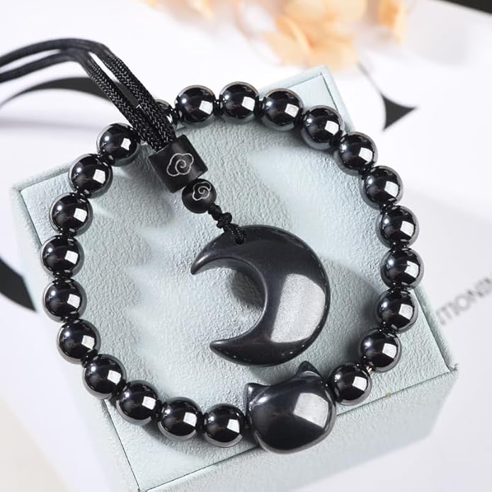 Black Obsidian Cat Bracelet and Moon Pendant Necklace Jewelry Set-Cat Lover Gifts,Wealth Attraction,Good Luck,Bead Bracelet,Mindfulness,Beaded Bracelets, Obsidian Pendant Necklace-Cute Gifts for Women