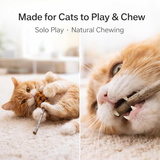 Silvervine Feather Cat Toys, 3 Pack Natural Matatabi Chew Toys for Indoor Cats, 8" Handmade Cat Toy for Chewing & Independent Play, Quiet Indoor Floor Play