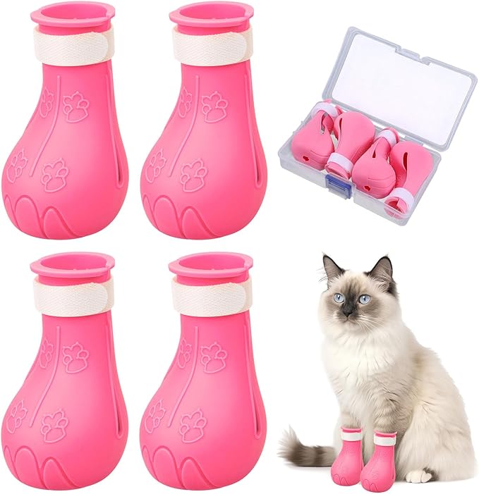 Gosknor 4pcs Cat Feet Covers, Adjustable Anti-Scratch Anti-Bite Silicone Kitten Paw Claw Caps Boots for Nail Trimming Bathing Checking Multifunctional Pet Grooming Protector Products (Pink)