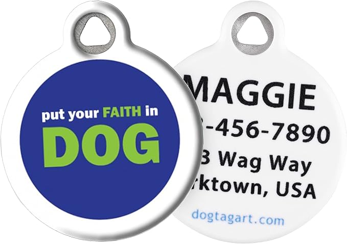 Dog Tag Art Religious Custom Pet ID Tag for Dogs and Cats, Personalized Dog Tag with Customized Identification Information, Put Your Faith in Dog-, Small (7/8" Diameter)