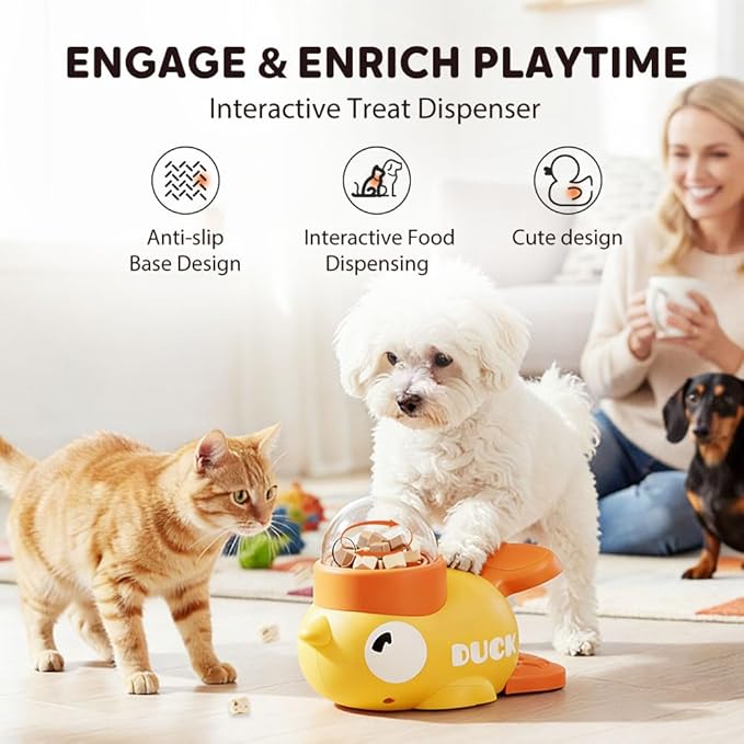 2 in 1 Dog Interactive Slow Feeder, 2026 New Slow Feeder Dog Bowl, Duck Treat Dispenser, Automatic Feeding Machine Intelligent for Small, Medium Dogs, Cats (Yellow)