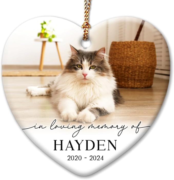 Cat Memorial Ornament - Personalized Ornaments for Loss of Cats - Custom Keepsake w/Name & Photo - in Loving Memory of Your Pets - Kitten, Cat Mom Death - Grief Gift for Pet Lover - Heart Shaped