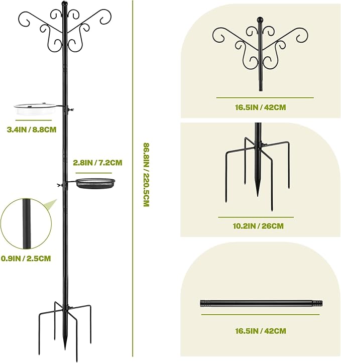 Bird Feeding Station,Heay Duty Bird Feeder Pole with Upgraded Thickened Pole & 5-Prong Base,Hanging Hooks,Mesh Tray,Water Bowl w/Metal Snap Fastening,Wind-Resistant Wild Bird Feeding Kit for Outdoors
