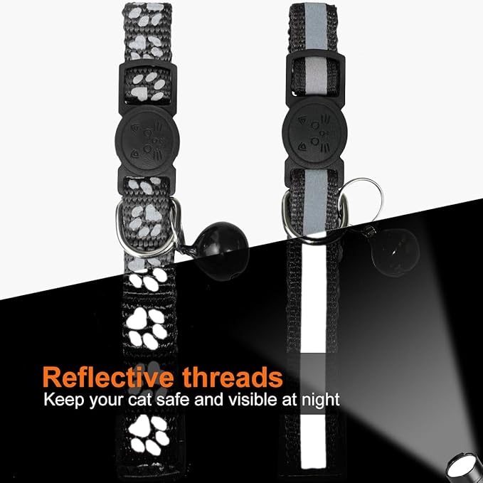 TagME 2 Pack Cat Collar with Name Tag, Personalized Reflective Cat Collar Breakaway with Bell for Boy & Girl Kitten, Black