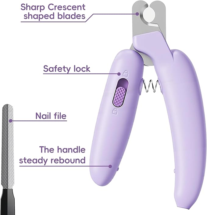 Dog Nail Clippers,Dog Nail Trimmers for Small Medium Dogs and Cats - Professional Grooming Tool with Safety Lock, Sharp Stainless Steel Blade Prevents Splitting，Includes Nail File (Purple-mini)