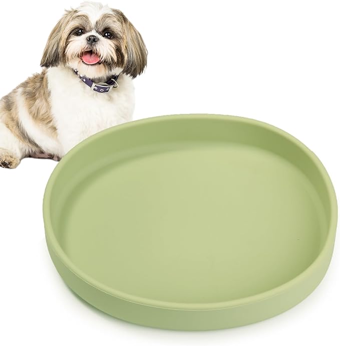 BNOSDM Silicone Dog Food Plate Shallow Dog Bowl Flat Cat Dish 1 Pack Small Puppy Plates for Small Dogs and Cats Whisker Fatigue Pet Feeding Bowls for Dry and Wet Food (Green)