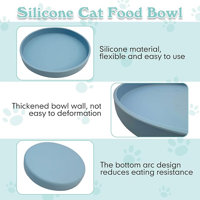 Silicone Dog Bowl Shallow Cat Food Bowls 7" Wide Puppy Plates Whisker Fatigue Pet Feeding Dishes Set of 2 for Dry and Wet Food Indoor (Round Blue)