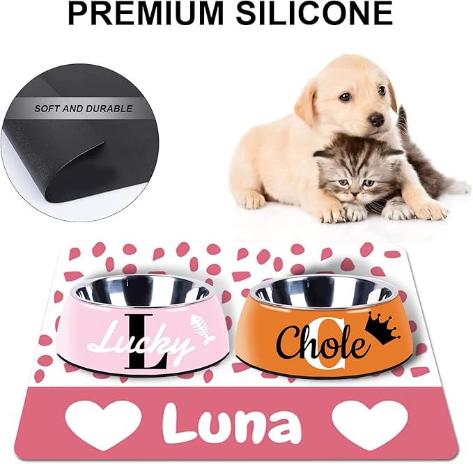 Personalized Cat Dog Bowl Mat - Non-Slip, Waterproof, Custom Pet Mat for Food and Water (Pink Love)