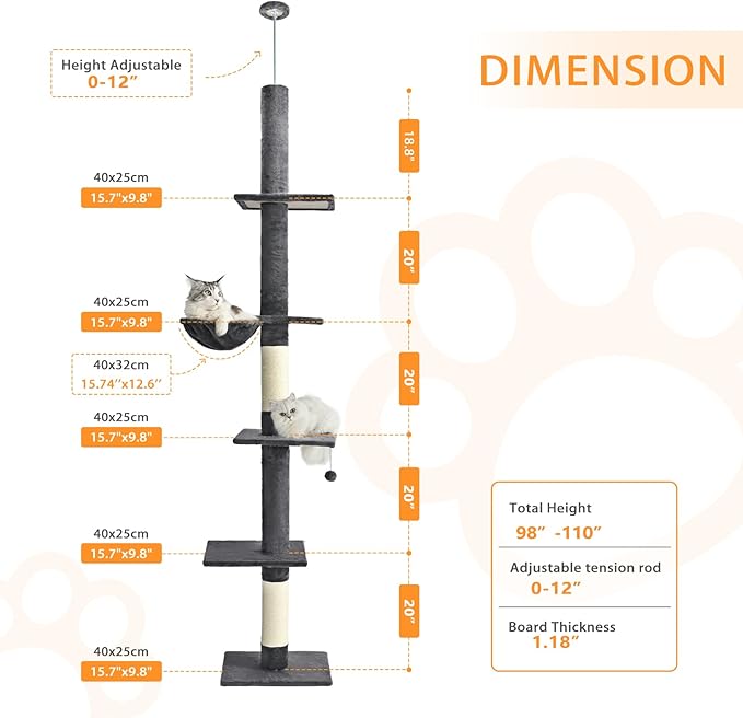 Floor to Ceiling Cat Tree,5 Tiers Tall Cat Tower with Adjustable Height(98-110),Cat Tree Floor to Ceiling with Cozy Hammock,Sisal Scratching Posts,Platforms,and Hanging Balls for Large Cats