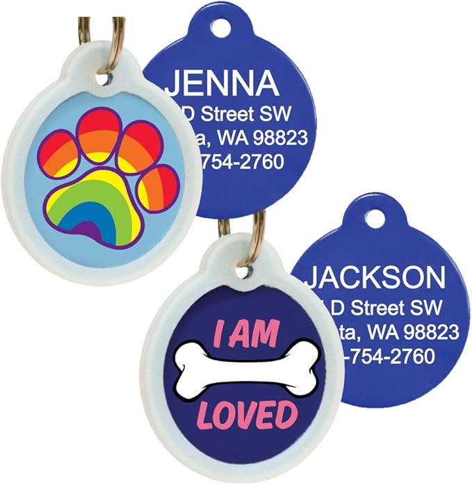 GoTags Unique Pet Tags, Personalized with 4 Lines of Custom Engraved ID, Silent Dog Tags with Glow in The Dark Silencer to Quiet Tag, Several Cute Tag Designs for Cat or Dog, (I Am Loved)