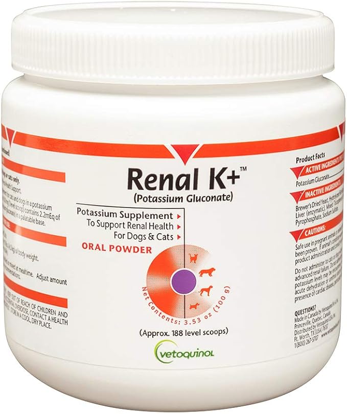 Vetoquinol Renal K+ (Potassium Gluconate) Potassium Supplement Powder for Dogs and Cats, 3.5oz