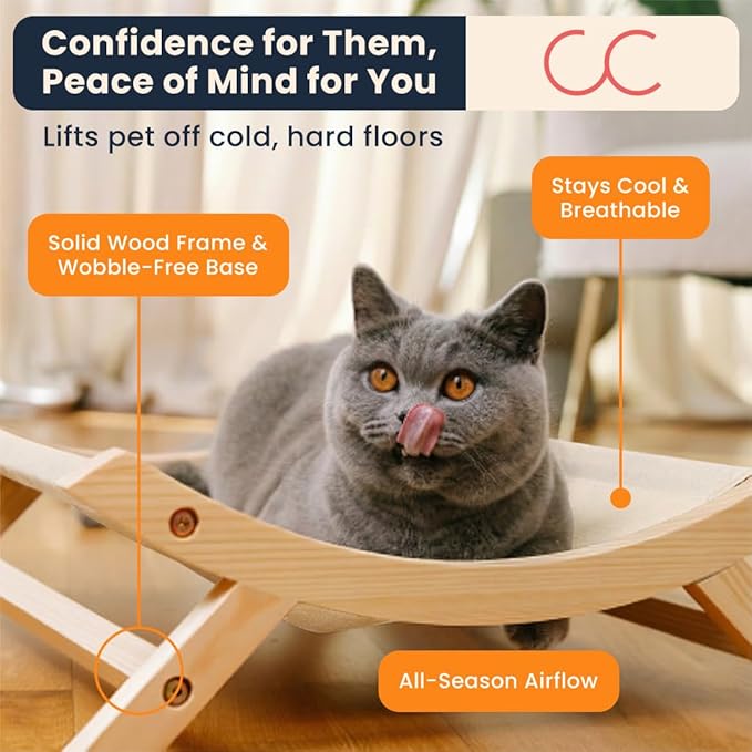 CallieCo Wooden Cat Hammock Bed, Modern Elevated Pet Lounger with Premium Wooden Frame & Breathable Fabric, Stylish Indoor & Outdoor Cat Bed for Cats & Small Dogs - Ivory