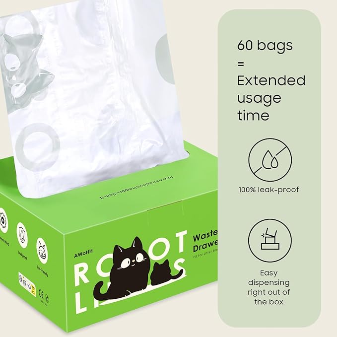 60 Tidy Draw-Pack Cat Litter Box Robot 5/4/3 Waste Bags,Tear-free, Sensor-compatible, Automatic Litter Box Bags, Thick Heavy Duty Cat Litter Box Liner Bags 26.3 X15.7 IN