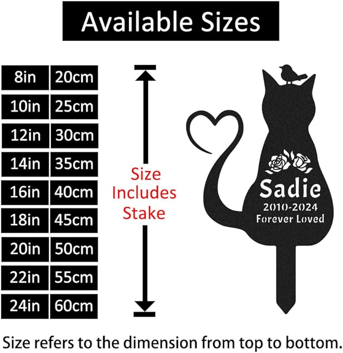 Custom Cat Memorial Grave Marker with Bird and Heart, Personalized Flowers Cat Memorial Stake Metal Garden Sign, Customized Pet Cat Sculpture Memorial Plaque for Cemetery Grave Yard Sign