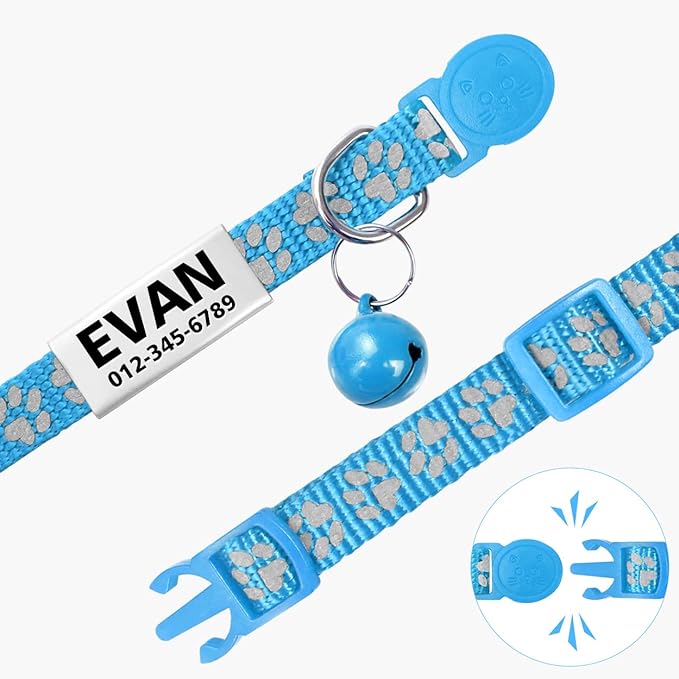 TagME 2 Pack Cat Collar with Name Tag, Personalized Reflective Cat Collar Breakaway with Bell for Boy & Girl Kitten, SkyBlue