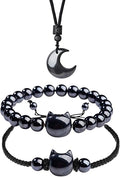 Black Obsidian Cat Bracelet and Moon Pendant Necklace Jewelry Set-Cat Lover Gifts,Wealth Attraction,Good Luck,Bead Bracelet,Mindfulness,Beaded Bracelets, Obsidian Pendant Necklace-Cute Gifts for Women