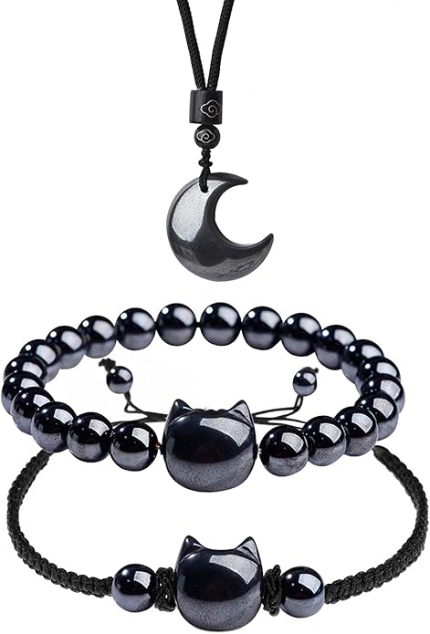Black Obsidian Cat Bracelet and Moon Pendant Necklace Jewelry Set-Cat Lover Gifts,Wealth Attraction,Good Luck,Bead Bracelet,Mindfulness,Beaded Bracelets, Obsidian Pendant Necklace-Cute Gifts for Women