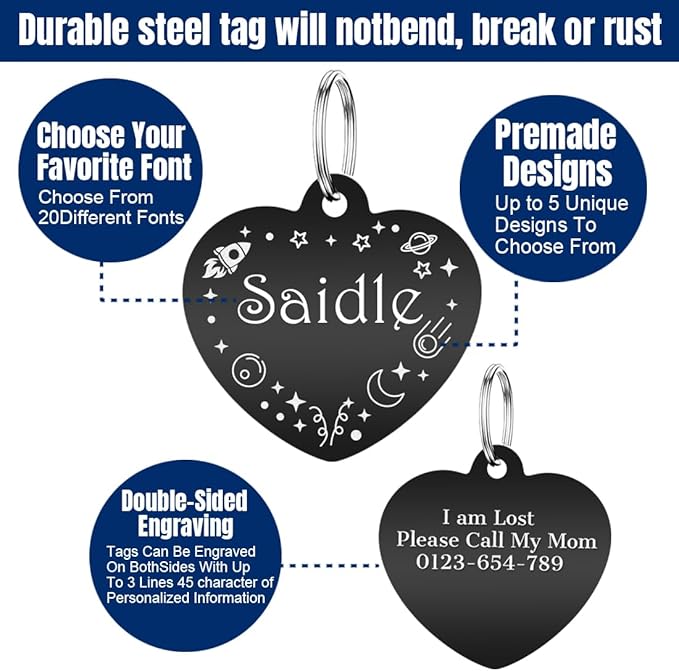 Personalized Dog Tags and Cat Tags, Stainless Steel Pet ID Tags, Collar Charm Engraved on Both Sides, up to 4 Lines of Custom Text, Various Patterns and Colors Options (Heart)