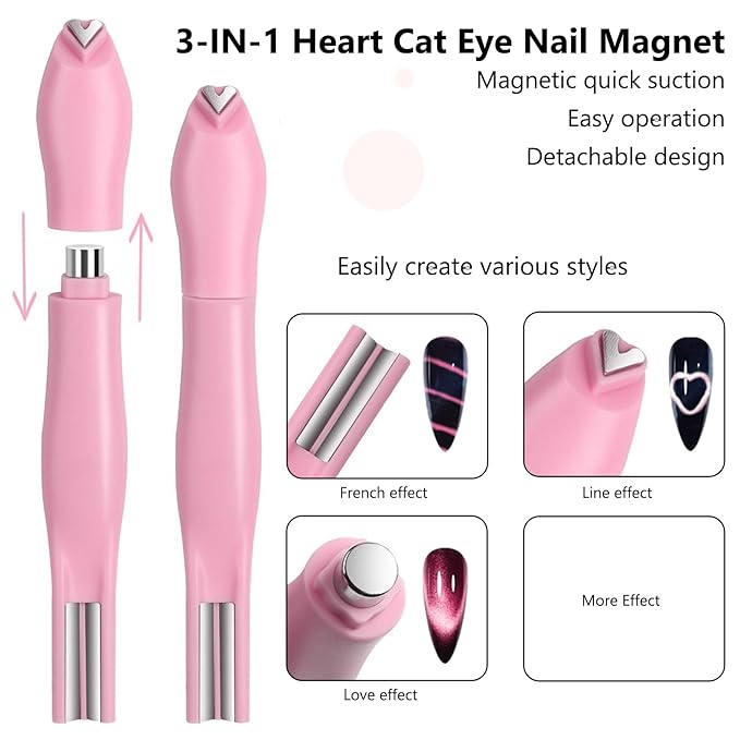 DANNEASY 9pcs Cat Eye Magnet Set, 3-in-1 Heart Magnet for Nails, Strong Cylindrical Magnet with Scissor-Shaped/Y-Shaped Brackets/Bunny-Shaped Plates for French Heart Bunny Cat Eye Nail Art Effect