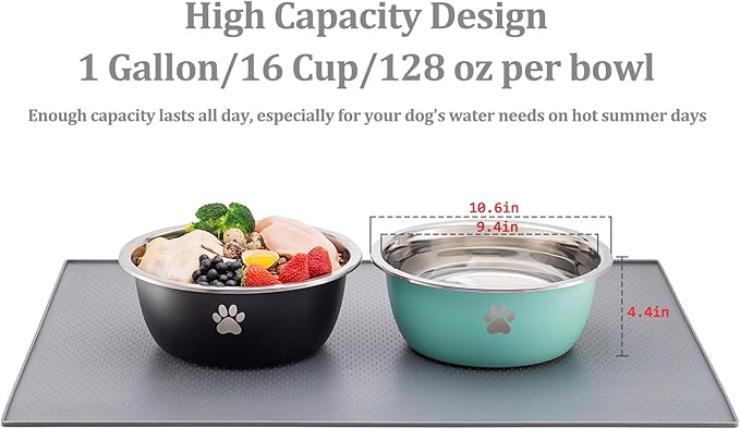 Large Dog Water Bowl 2 Pack, 1 Gallon 128oz Stainless Steel Extra Large Dog Food Bowl for Big Giant Dogs, Silver