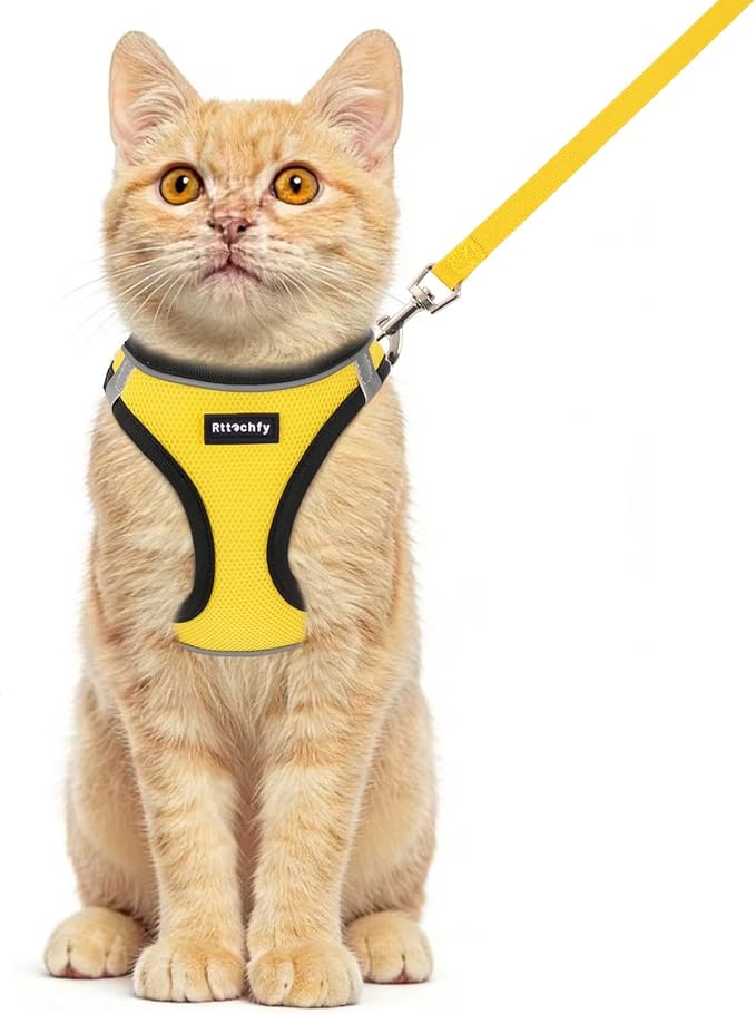 Rttochfy Cat Harness and Leash Set, Escape Proof Kitten Harness, Soft and Breathable Vest with Reflective Strip, Easy to Wear for Cats Walking and Traveling (BK Yellow, XS)