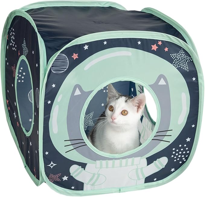 Kitty City Galactic-Themed Pop-Up Cat Play Cube, Collapsible Indoor Cat Hideout with Peekaboo Openings, Lightweight Foldable Cat Cube for Play & Lounging