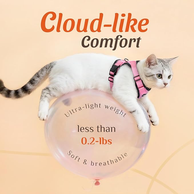 Dooradar Cat Harness and Leash Set, Escape Proof Safe Adjustable Kitten Vest Harnesses for Walking, Easy Control Soft Breathable Mesh Jacket with Reflective Strips for Cats, Pink, M