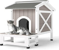 Cat House with Dual Escape Doors,Fir Wood Feral Cat Shelter for 1-2 Cats with Large Balcony,Weatherproof Feral Cat Enclosure with Elevated Floor|Openable Roof for Indoor Outdoor,Grey
