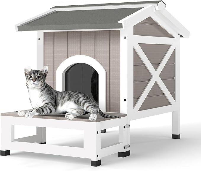 Cat House with Dual Escape Doors,Fir Wood Feral Cat Shelter for 1-2 Cats with Large Balcony,Weatherproof Feral Cat Enclosure with Elevated Floor|Openable Roof for Indoor Outdoor,Grey