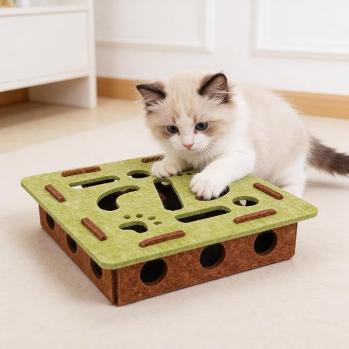 Felt Cat Nail File Enrichment Box, Soft Scratch Puzzle with Sandpaper Surface, Stress Free Nail Care Alternative, Interactive Maze Scratcher with Bell Ball for Indoor Cats