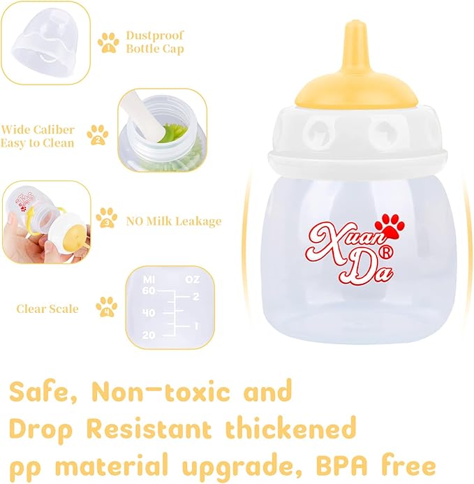 Pet Feeding Bottle and Syringes,60ml Nursing Bottle, 3 Sizes Nipples with Ventilation Valve Resistant Tearing Perfect for Puppies, Kittens, Small Wildlife (Yellow)