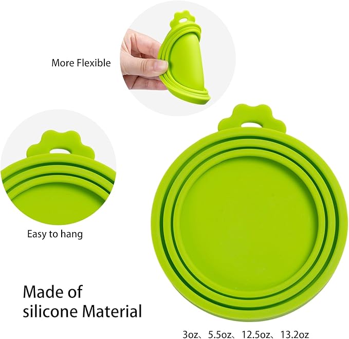 PINE & LINEN 4 Pcs Durable Pet Can Lids,One fit 3 Standard Size Silicone Waterproof Cat Food Cans Lids for 3oz/5.5oz/12.5oz/13.2oz Cat Food Cans（Green）