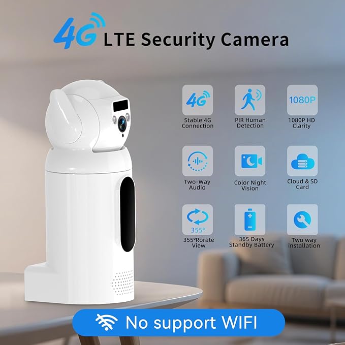 4G LTE Cellular Security Camer Wireless, Monthly Fee, Pet Camera with Speaker for Dog/Cat, Baby Monitor, Power Battery,HD Vision 360°Full View Two-Way Talk,Indoor Home Security