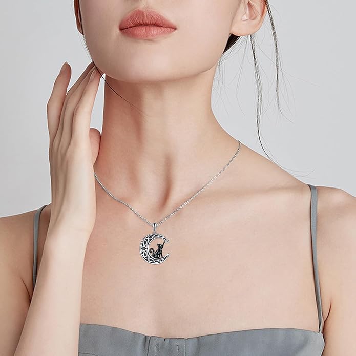 Celtic Moon Black Cat Necklace for Women - Abalone Tree of Life Sterling Silver Cat Lovers Jewelry