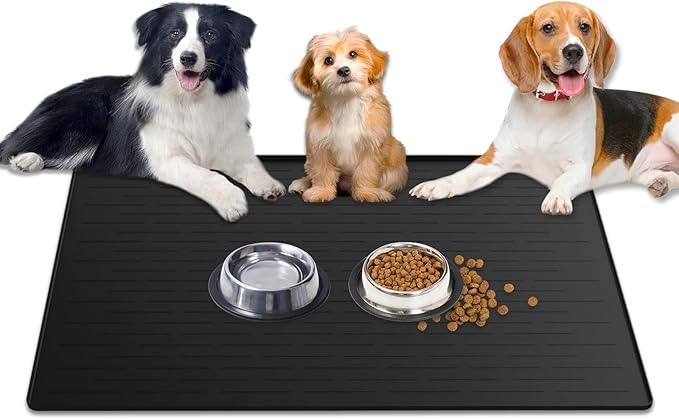 1.5MM Super Thick Dog Food Mat, 40"x30" Silicone Dog and Cat Mats for Food and Water Bowls, Waterproof Pet Feeding Mat for Contain Spills Protects Floors, Multiple Colors & Sizes for Pets, Black